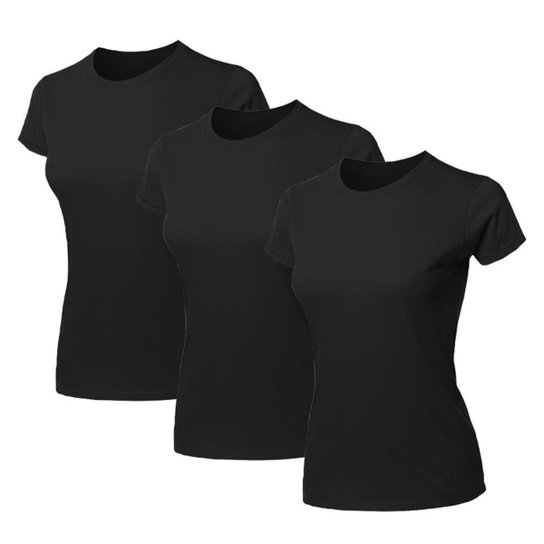 Kit 3 Blusa Feminina Camiseta Lisa Básica Algodão Camisa Baby Look Blusas - Preto