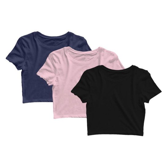 Kit 3 Blusa Cropped Dry Proteção Solar UV Feminina Manga Curta Treino Academia Blusas - Azul+Rosa