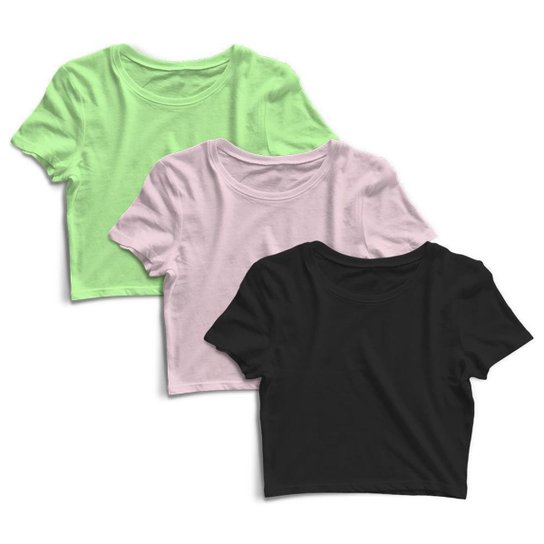 Kit 3 Blusa Cropped Dry Proteção Solar UV Feminina Manga Curta Treino Academia Blusas - Verde+Preto