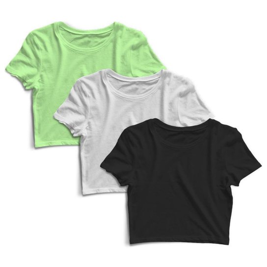 Kit 3 Blusa Cropped Dry Proteção Solar UV Feminina Manga Curta Treino Academia Blusas - Branco+Verde