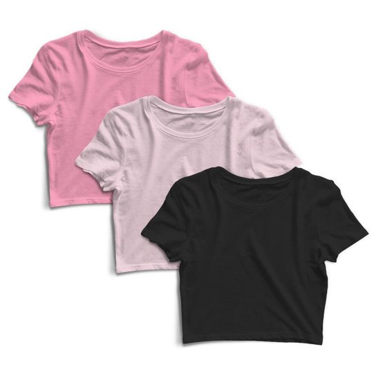 Kit 3 Blusa Cropped Dry Proteção Solar UV Feminina Manga Curta Treino Academia Blusas - Rosa+Pink