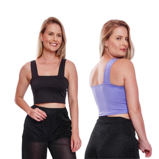 Kit 2 Cropped Regata Top Alça Grossa Curto Básico Feminino Suplex - Preto+Roxo