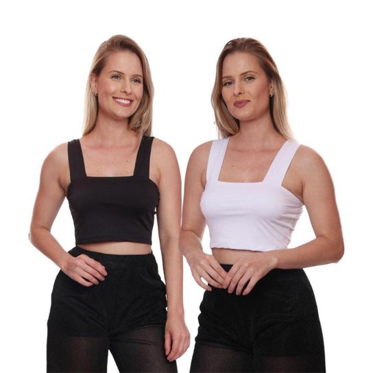 Kit 2 Cropped Regata Top Alça Grossa Curto Básico Feminino Suplex - Preto+Branco