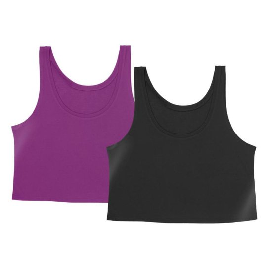 Kit 2 Cropped Regata Cavado Dry Proteção Solar UV Feminino Fitness Academia Treino Blusinha - Preto+Roxo