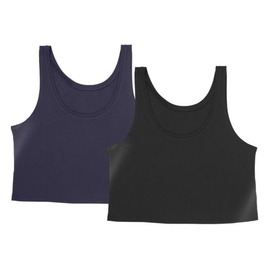 Kit 2 Cropped Regata Cavado Dry Proteção Solar UV Feminino Fitness Academia Treino Blusinha - Preto+Azul