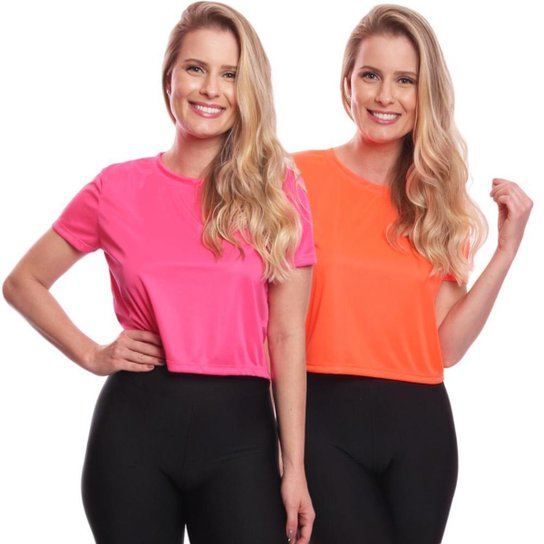 Kit 2 Blusas Via Basic Cropped Dry Academia Feminina - Pink+Laranja