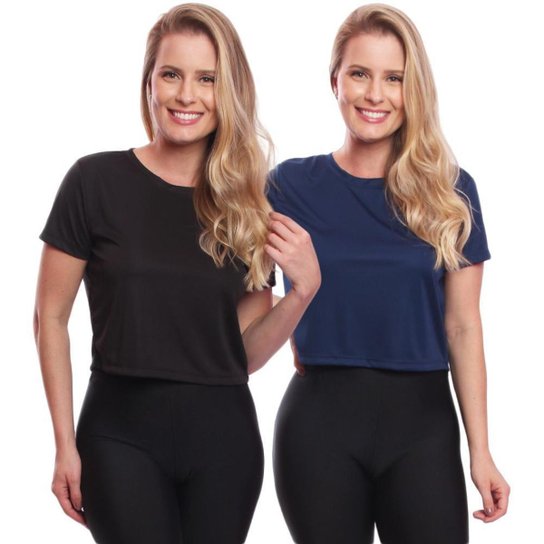 Kit 2 Blusas Via Basic Cropped Dry Academia Feminina - Preto+Marinho