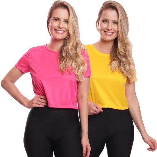 Kit 2 Blusas Via Basic Cropped Dry Academia Feminina - Pink+Amarelo