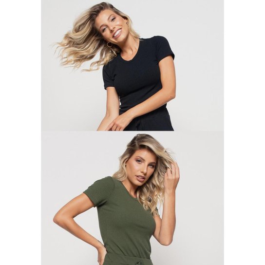 Kit 2 Blusas Salvatore Fashion Básicas Comfy Malha Canelada Feminino - Verde+Preto