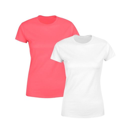 Kit 2 Blusas Feminina Tshirt Camiseta Baby Look Gola Redonda Básica Premium Branca e Rosa - Branco+Rosa