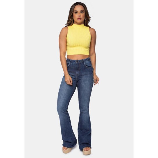 Tricô Blusa Cropped Pink Tricot Modal Canelado e Gola Alta Feminino - Amarelo