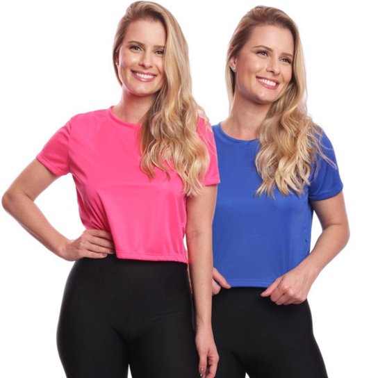 Kit 2 Blusas Cropped Feminina Dry Academia Treino Camiseta Camisa Esportiva Esporte - Pink+Azul