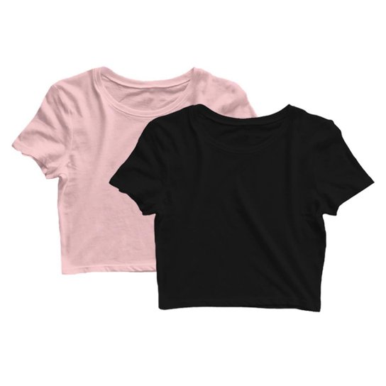 Kit 2 Blusas Cropped Blusinha Camiseta Feminina Lisa - Rosa+Preto