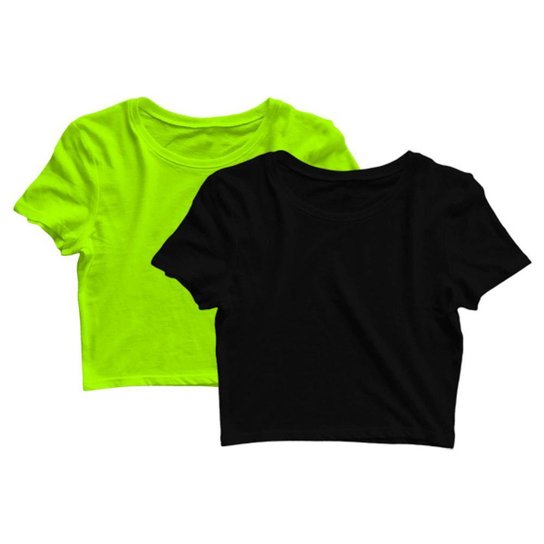 Kit 2 Blusas Cropped Blusinha Camiseta Feminina Lisa - Verde+Preto