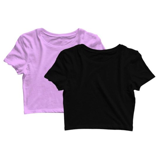 Kit 2 Blusas Cropped Blusinha Camiseta Feminina Lisa - Preto+Lilás