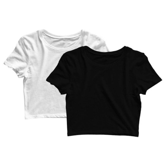 Kit 2 Blusas Cropped Blusinha Camiseta Feminina Lisa - Preto+Branco