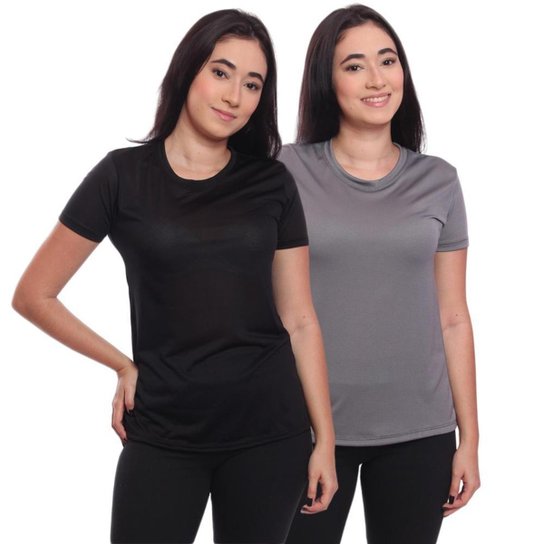 Kit 2 Blusas Academia Manga Curta Camiseta Camisa Tshirt Esportiva Dry ness UV Proteção Solar - Preto+Cinza