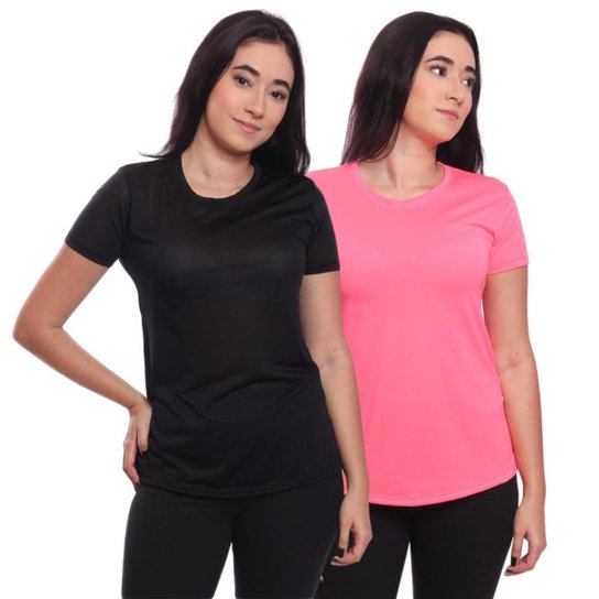 Kit 2 Blusas Academia Manga Curta Camiseta Camisa Tshirt Esportiva Dry ness UV Proteção Solar - Preto+Rosa