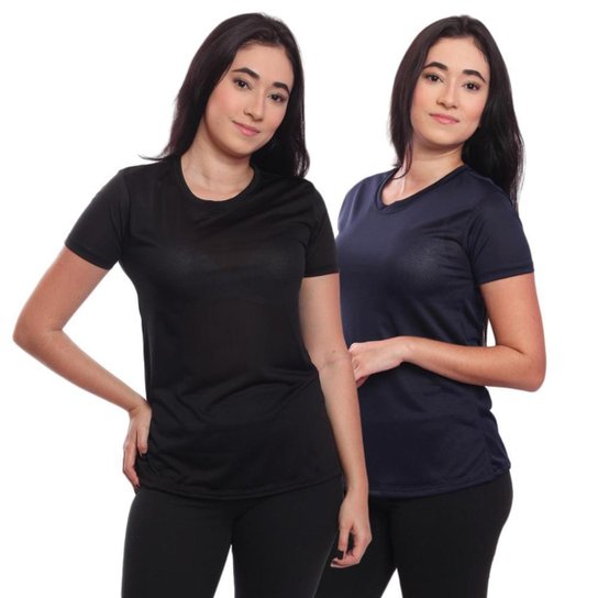 Kit 2 Blusas Academia Manga Curta Camiseta Camisa Tshirt Esportiva Dry ness UV Proteção Solar - Preto+Azul