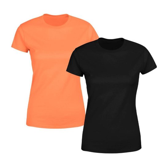 Kit 2 Blusa Feminina Tshirt Camiseta Baby Look Lisa Premium Blusas - Preto+Laranja