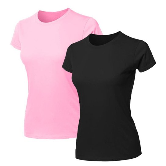 Kit 2 Blusa Feminina Camiseta Lisa Básica Algodão Camisa Baby Look Blusas - Rosa+Preto