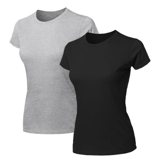 Kit 2 Blusa Feminina Camiseta Lisa Básica Algodão Camisa Baby Look Blusas - Cinza+Preto