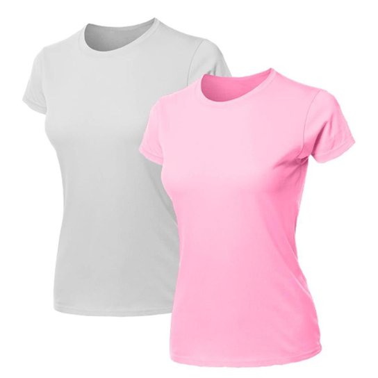 Kit 2 Blusa Feminina Camiseta Lisa Básica Algodão Camisa Baby Look Blusas - Rosa+Branco