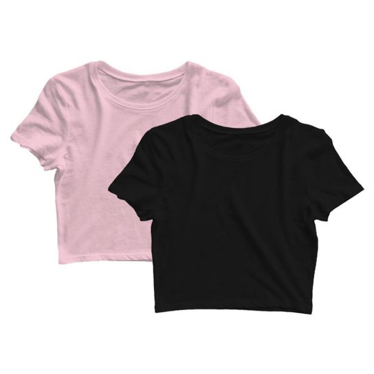 Kit 2 Blusa Cropped Dry Proteção Solar UV Feminina Manga Curta Treino Academia Blusas - Preto+Rosa