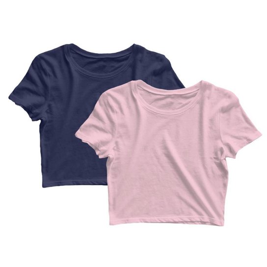 Kit 2 Blusa Cropped Dry Proteção Solar UV Feminina Manga Curta Treino Academia Blusas - Rosa+Azul