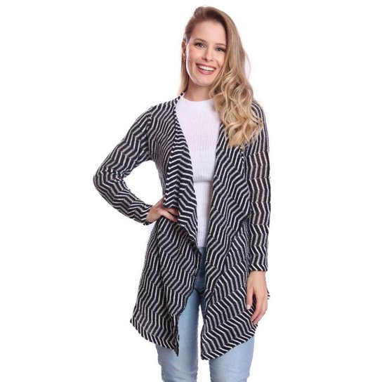 Kimono Cardigã Zig Zag Feminino - Branco+Preto