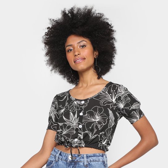 Cropped Lecimar Estampado com Botões Feminino - Preto