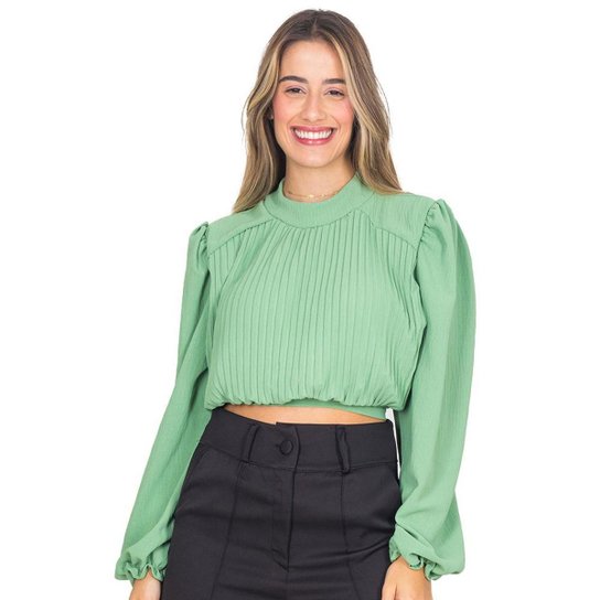 Cropped Feminino Plissado Gola Alta Com Bojo Manga Longa - Verde