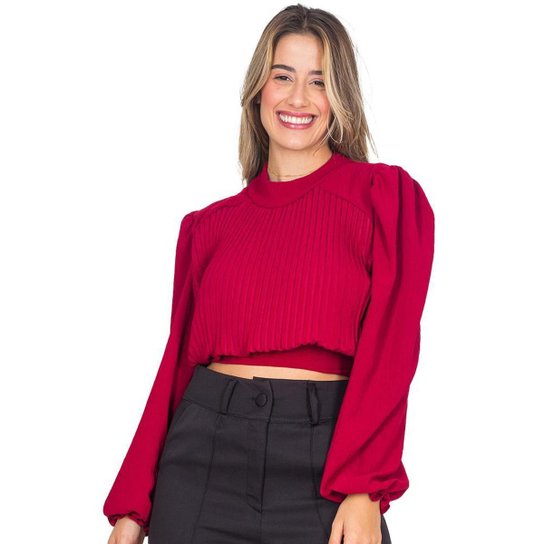 Cropped Feminino Plissado Gola Alta Com Bojo Manga Longa - Vinho