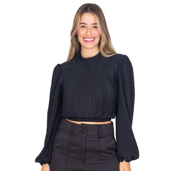 Cropped Feminino Plissado Gola Alta Com Bojo Manga Longa - Preto