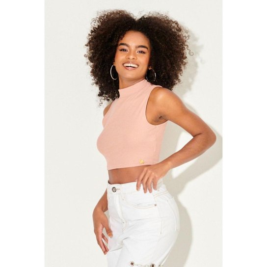 Cropped Feminino Malha Collection Canelada Gola Alta Planet Girls - Bege