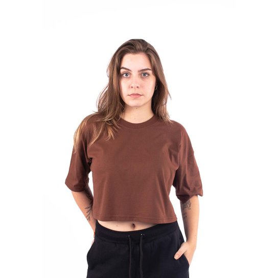 Cropped Feminino Basic Top Blusa Algodão Leve e Confortável - Marrom