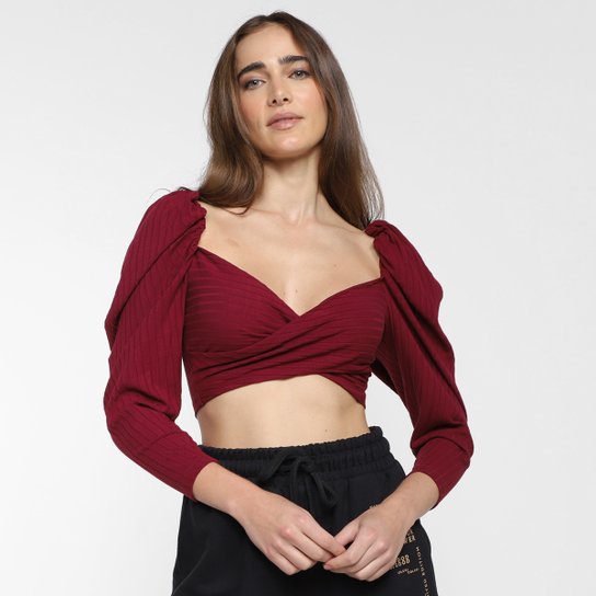 Cropped Colcci Canelada Manga Longa Bufante Feminino - Bordô