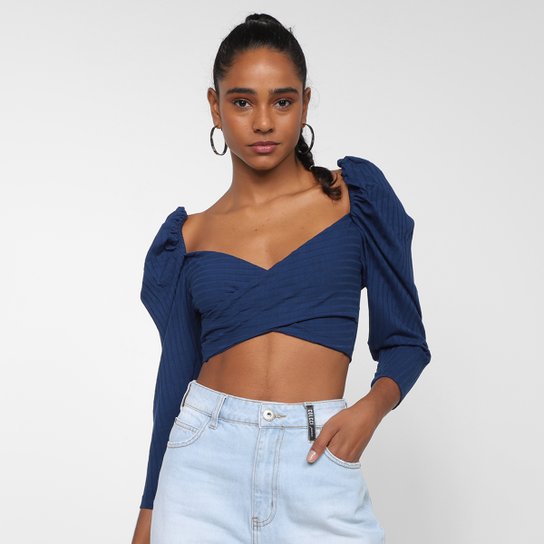 Cropped Colcci Canelada Manga Longa Bufante Feminino - Azul