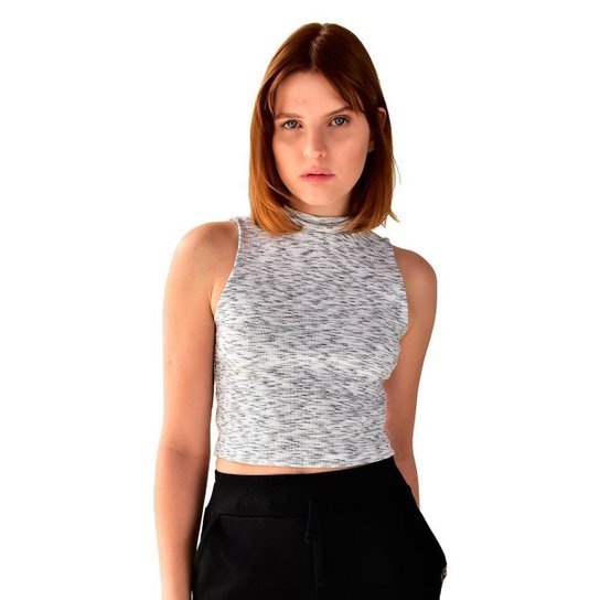 Cropped Brohood Regata Gola Alta Canelado Feminino - Preto+Bege