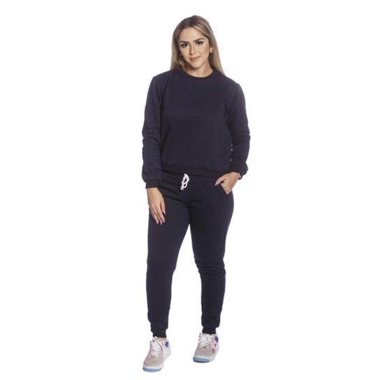 Conjunto Moletom Feminino Básico Blusa com Calça Flanelada-Preto - Preto