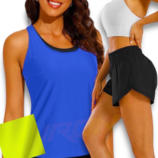 Conjunto Camiseta REGATA DRY FITNESS + Short TACTEL FEMININO Yoga Academia Corrida PLT 592 - Sortido