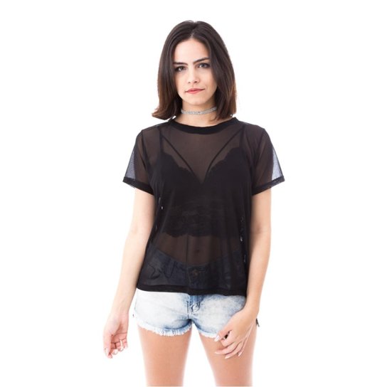 Camiseta Moda Vício Tule Feminino - Preto