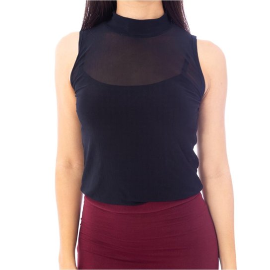 Blusa Moda Vício Regata Gola Alta Tule Feminino - Preto