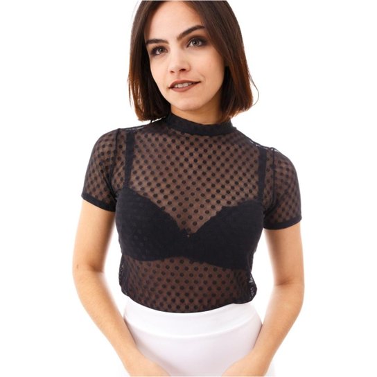 Blusa Moda Vício Gola Alta Com Manguinha Tule Transparente Feminino - Preto