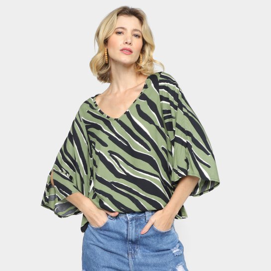 Blusa Mercatto Animal Print Onça Feminino - Verde escuro