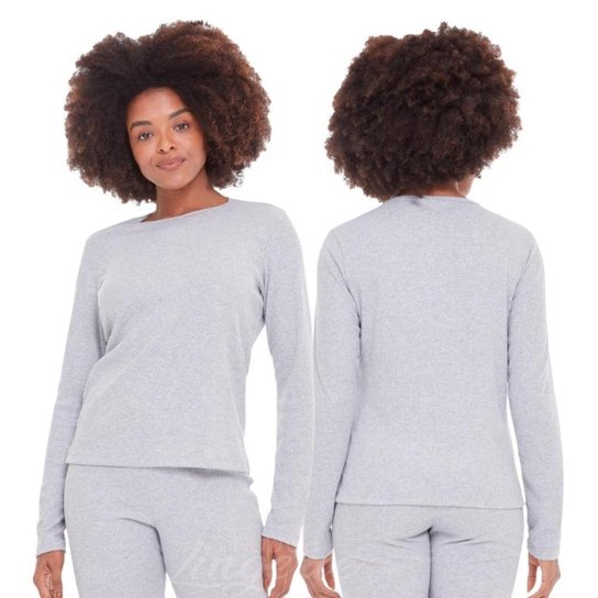 Blusa de Pijama Manga Longa Feminino Tecido Canelado Ribana Básica Confortável Gola Careca Adulto - Cinza