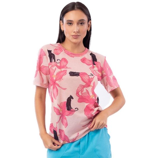 T-Shirt Onça Preta Basica Sublimada Av23 Rosa Feminino - Rosa