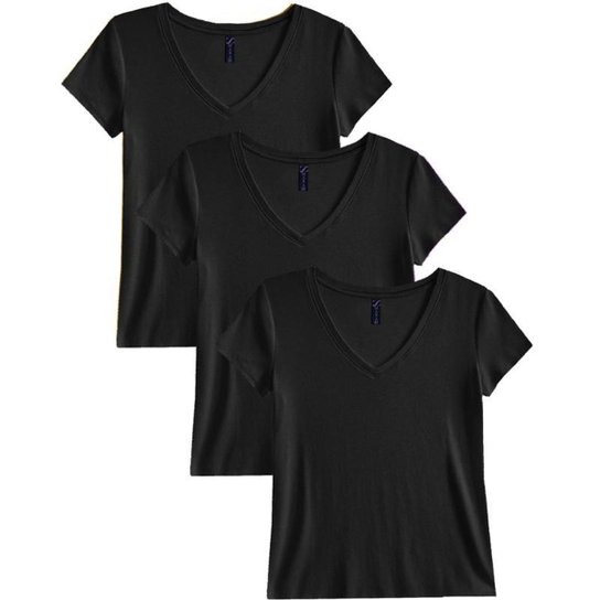 Kit 3 Blusas Blusinhas Feminina Slim Babylook Algodão Gola V - 3 Pretos - M - Preto