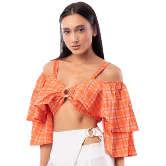 Cropped Onça Preta Babados Na Manga Feminino - Laranja