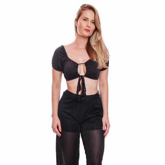 Cropped Blusa Top Manga Curta Feminino Amarração Gringa Suplex - Preto